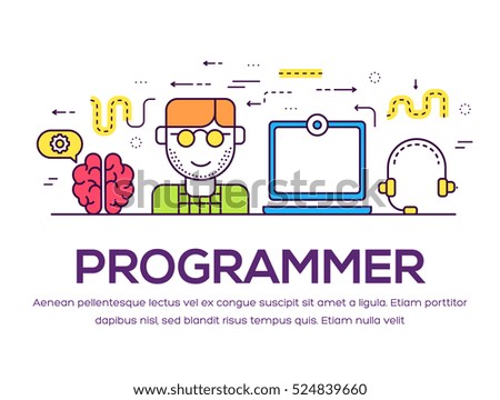 Vector outline it geeks people icons illustrations set. Flat thin line office professional developer around workplace echnology concept Stock photo © 