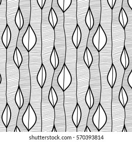 Vector outline geometric pattern. Simple repetition wave lines with leaves. Paper swatch in black white. Mosaic decoration. Linear grid print. artistic structure