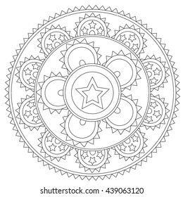 Vector outline geometric star mandala for coloring. Decoration round ornament 