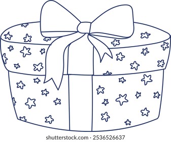 Caixa de presente de contorno de vetor com arco de fita e estrelas. Linha contínua de caixa surpresa de férias. Presente festivo. Para faixas publicitárias, Feliz Natal, cartões de aniversário. Isolado no branco.
