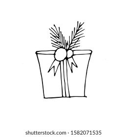 Vector outline gift icons. Black and white line box with christmas tree branches, isolated illustration. Trendy design elements for holiday and new year greeting card, voucher, flyer, banner