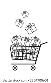 Vector Outline Gifts Inside Shopping Cart. Falling Gift Boxes Inside Shopping Cart. E commerce, E marketing or Celebration Concept Design Element Isolated on White Background. Gifts Collection.