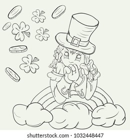 vector outline of a girl in a leprechaun costume on a rainbow with clouds on St. Patricks day