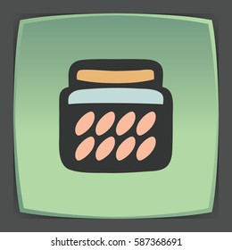Vector outline glass pot with jam, preserve, confiture, marmalade, conserve icon on green flat square plate. Elements for mobile concepts and web apps. Modern infographic logo and pictogram.