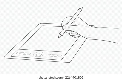 Vector outline graphic tablet and hand for drawing by artist and designer. Sketch, illustration, graphic pad line art vector	