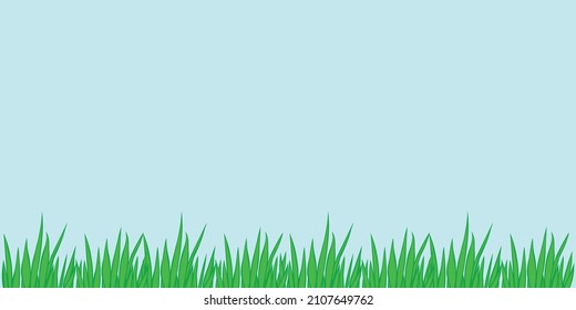 Vector outline green grass isolated on blue sky background. Herbal Border, horizontal bottom edging, lawn panoramic landscape. Template, design element for postcard, illustration