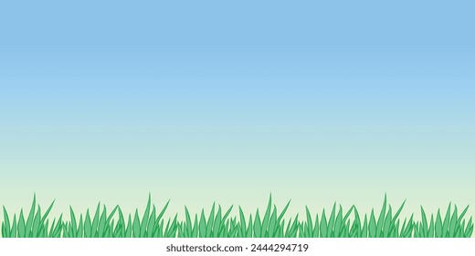 Vector outline green grass isolated on blue sky background. Herbal Border, horizontal bottom edging, lawn panoramic landscape. Template, design element for postcard, illustration.