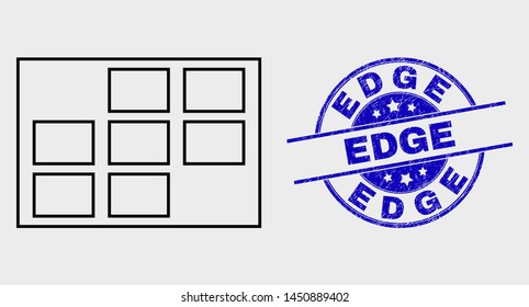 Vector outline grid cells icon and Edge stamp. Blue round distress stamp with Edge title. Black isolated grid cells icon in linear style.