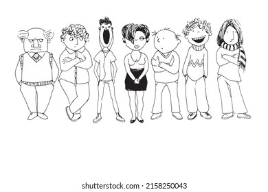 Vector outline group of people standing in a row on a white background. Line art