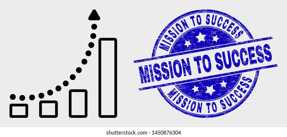 Vector outline growing chart trend icon and Mission to Success seal stamp. Blue round scratched seal stamp with Mission to Success title. Black isolated growing chart trend symbol in contour style.