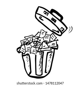 Vector Outline Hand Draw Sketch of used crumpled paper in trash bin
