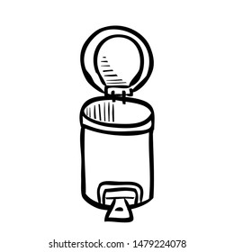 Vector Outline Hand Draw Sketch of Opened, Empty Clean and tidy trash bin, at White
