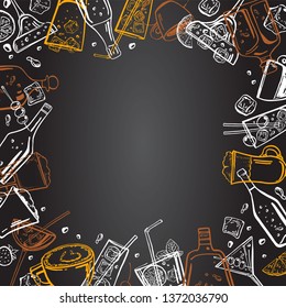 Vector outline hand drawn frame with different alcohol bottles, cocktails and coffee drinks on blackboard background
