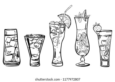 Vector outline hand drawn illustration with different cocktails for posters and cards isolated on white background
