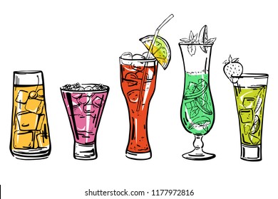 Vector outline hand drawn illustration with different cocktails with color fills for posters and cards isolated on white background