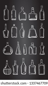 Vector outline hand drawn illustration with different alcohol bottles on blackboard background