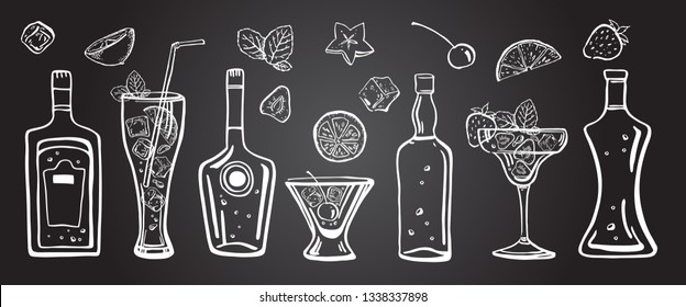 Vector outline hand drawn illustration with different alcohol bottles, cocktails, fruits and mint leaves on blackboard background