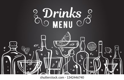 Vector outline hand drawn illustration with alcohol bottles and glasses with drinks on blackboard background. Menu design template