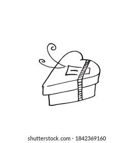 Vector outline hand drawn image of gift box in Doodle style. Festive design element for Christmas, Valentines day, birthday, new year, other holiday