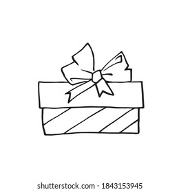 Vector outline hand drawn image of gift box in Doodle style. Festive design element for Christmas, Valentines day, birthday, new year, other holiday