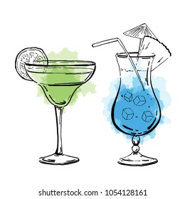 Vector Outline Hand Drawn Margarita And Blue Curacao Cocktails  For Posters And Cards. With Color Spots Isolated On White Background