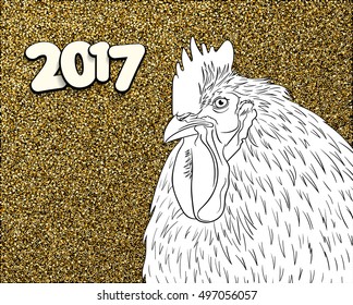 Vector outline hand drawn rooster on golden glitter background 2017 new year symbol, greeting card, typography poster, calendar front page 
