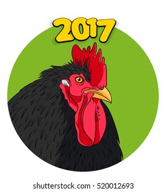 Vector outline hand drawn rooster on green background 2017 new year symbol, greeting card, typography poster, calendar front page 