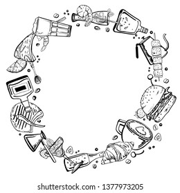 Vector outline hand drawn round frame with sketch illustration of food, sandwiches, alcohol and coffee drinks, desserts and bottles isolated black on white background