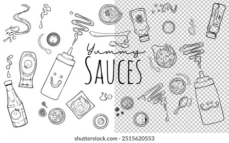 Vector delinear salsas dibujadas a mano. Vista superior y lateral de ketchup, salsa de tomate, mostaza, mayonesa, tahini, salsa barbacoa, salsa picante. Fácil de editar y listo para usar. 