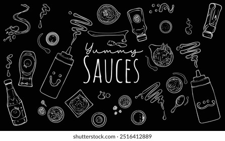 Vector delinear salsas dibujadas a mano. Vista superior y lateral de ketchup, salsa de tomate, mostaza, mayonesa, tahini, salsa barbacoa, salsa picante. Fácil de editar y listo para usar sobre fondo negro. 