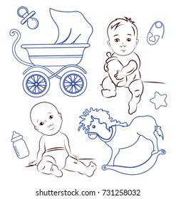 Vector outline hand drawn set of newborn boy, girl and kid's supplies.Monochrome line art vector illustration  of children in various  poses. Isolated contour on wight back.Can be used as icon, symbol