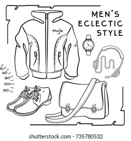 Vector outline hand drawn set of man's clothes in eclectic style. Casual and sport monochrome line art illustration. Isolated contour on wight background. Can be used as icon, symbol