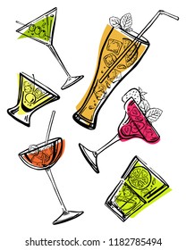 Vector outline hand drawn sketch illustration of different cocktails with colorful fills isolated on white background