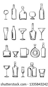 Vector outline hand drawn sketch illustration with drinking glass and alcohol bottles isolated on white background