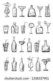 Vector outline hand drawn sketch illustration with different cocktails and alcohol bottles isolated on white background