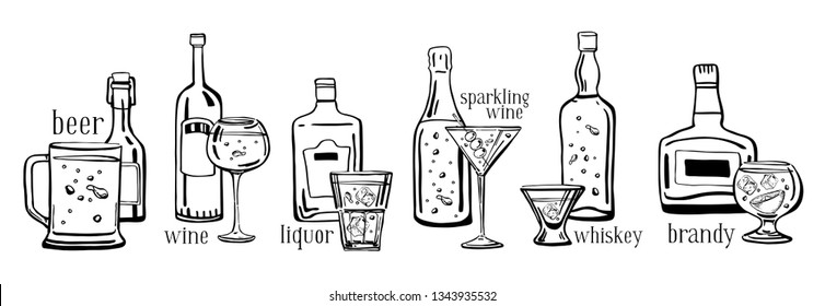 Vector outline hand drawn sketch illustration set with alcohol bottles, drink titles and glasses isolated on white background