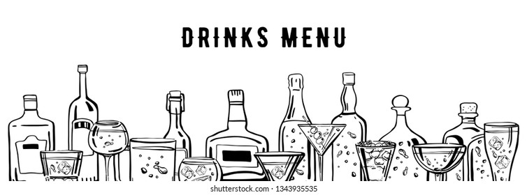 Vector outline hand drawn sketch illustration with alcohol bottles and glasses isolated on white background. Menu design template