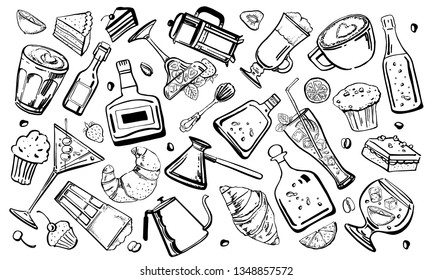 Vector outline hand drawn sketch illustration with alcohol and coffee drinks, croissants, cakes and alcohol bottles isolated on white background