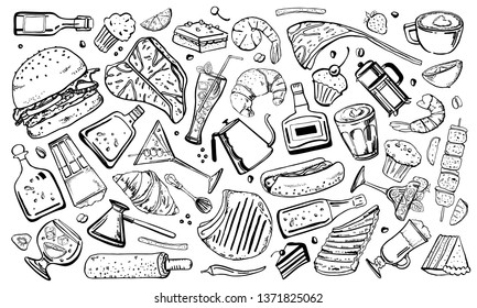 Vector outline hand drawn sketch illustration set with food, sandwiches, alcohol and coffee drinks, desserts and bottles isolated black on white background