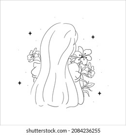 vector outline or hand image, with the theme of the woman herself decorated with beautiful flowers