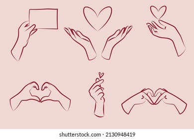 Vector outline hand with love set. Love and friendship concepts artwork. Valentine's day greeting card. Female hand with heart. Love gesture illustration sketch set.
