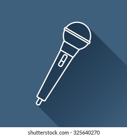 Vector outline hand microphone icon on dark blue background with long shadow 