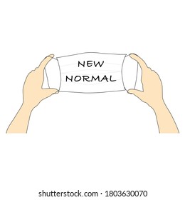 Vector - Esbozo de la mano de las personas preparadas para llevar máscara facial con la palabra "Nueva normalidad" durante la pandemia del Coronavirus (Covid-19). Protección, concepto de salud.