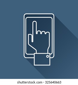 Vector outline hand of the person with the phone on dark blue background with long shadow . Concept of communication in the network 