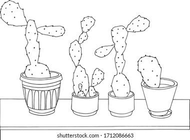 Vector outline hand-drawn illustration set of cacti in flower pots . Home decor items. Isolated objects on white background. 