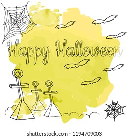 Vector outline hand-drawn sketch Halloween bat, grave, spiderweb, watercolor background