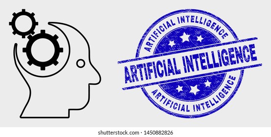 Vector outline head gears icon and Artificial Intelligence seal stamp. Blue round distress stamp with Artificial Intelligence caption. Black isolated head gears icon in contour style.