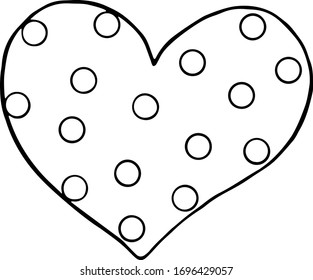 Vector outline of a heart with polka dots. Coloring page, Valentine's Day, Easter, holidays clip art design element. Hand drawn, black and white, simple illustration in doodle style