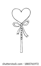 Vector outline heart shape lollipop gingerbread on stick with bow. Hand drawn contour doodle clip art. For Valentine's Day, confectionery decoration, food illustration. Template for creativity