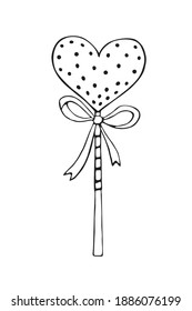 Vector outline heart shape lollipop gingerbread on stick with bow. Hand drawn contour doodle clip art. For Valentine's Day, confectionery shop decoration, food illustration. Love sweet candy